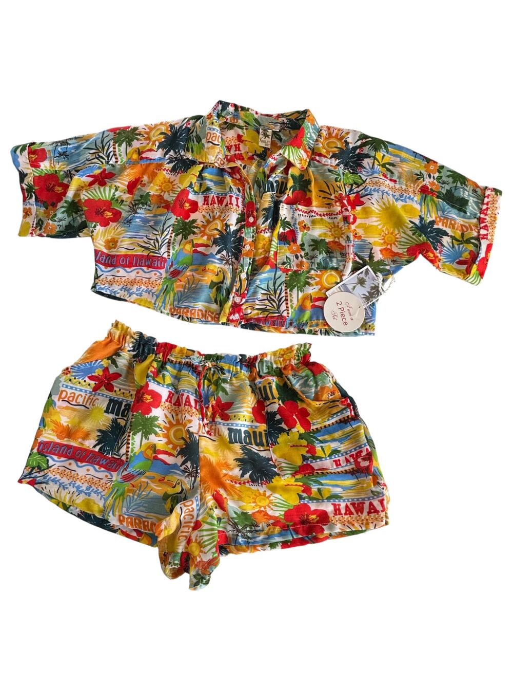 Violet Sky Tropical Hawaiian Set Button Up Crop Top and Shorts Women’s Large NWT